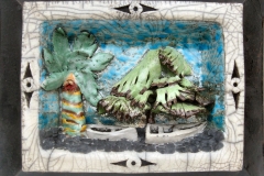 La Palma .Raku gestookt kastje op metalen paneel 32x38,5 cm